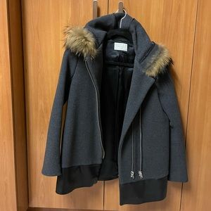 SANDRO Wool Coat with Racoon Fur Hood